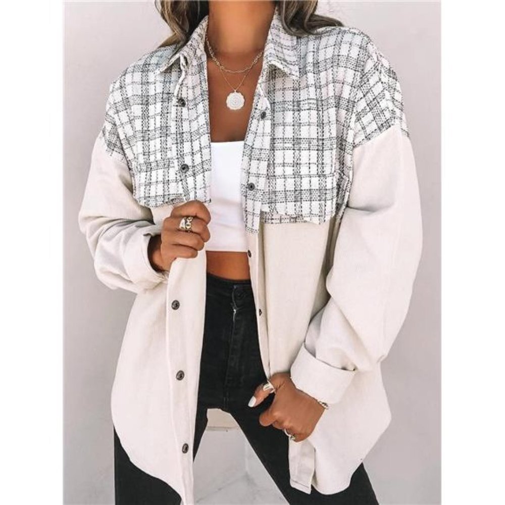 Off White Plaid Print‎ Patchwork Flannel Button Down Top Lightweight Jacket
